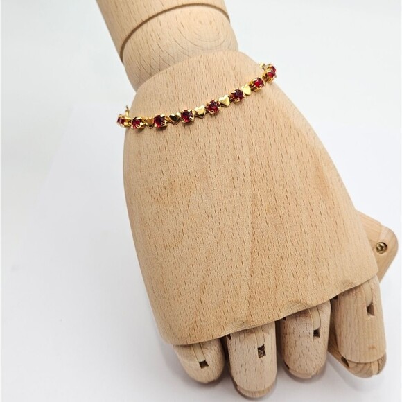 Vintage Sweetheart Ruby Red Rhinestone & Gold Heart Tennis Bracelet - Picture 5 of 10